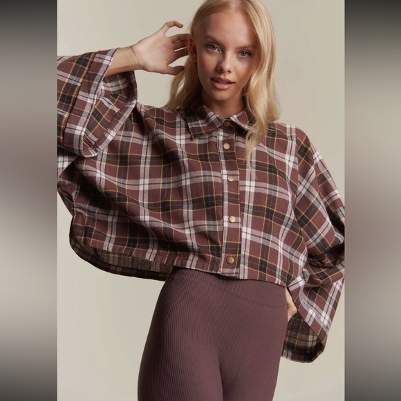 NWT Hers & Mine Medium Plaid Brown Women's Crop Top - Picture 2 of 9